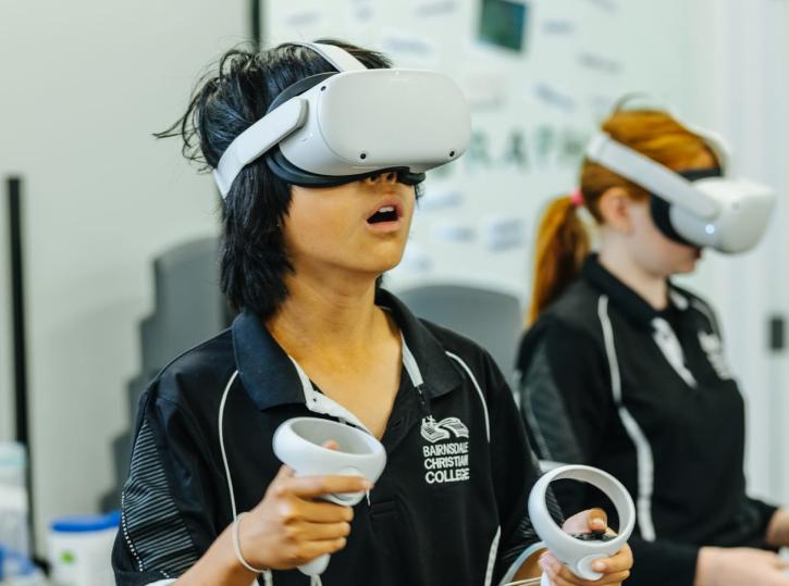 Middle school students exploring virtual reality in the classroom, demonstrating innovative and inclusive learning experiences tailored to individual strengths at a Christian school.